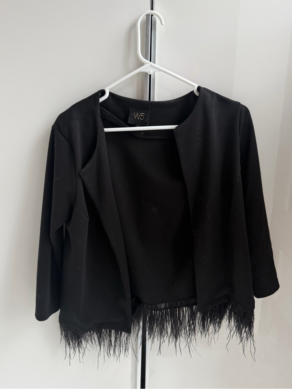 W5 Black Open-Front Cardigan with Feather Trim